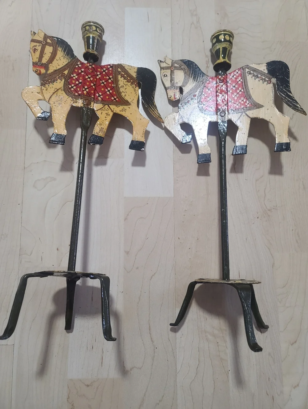 Pier 1 Tall Wrought Iron Hand-Painted Folk Carousel Horse Wall Candle Holders X2